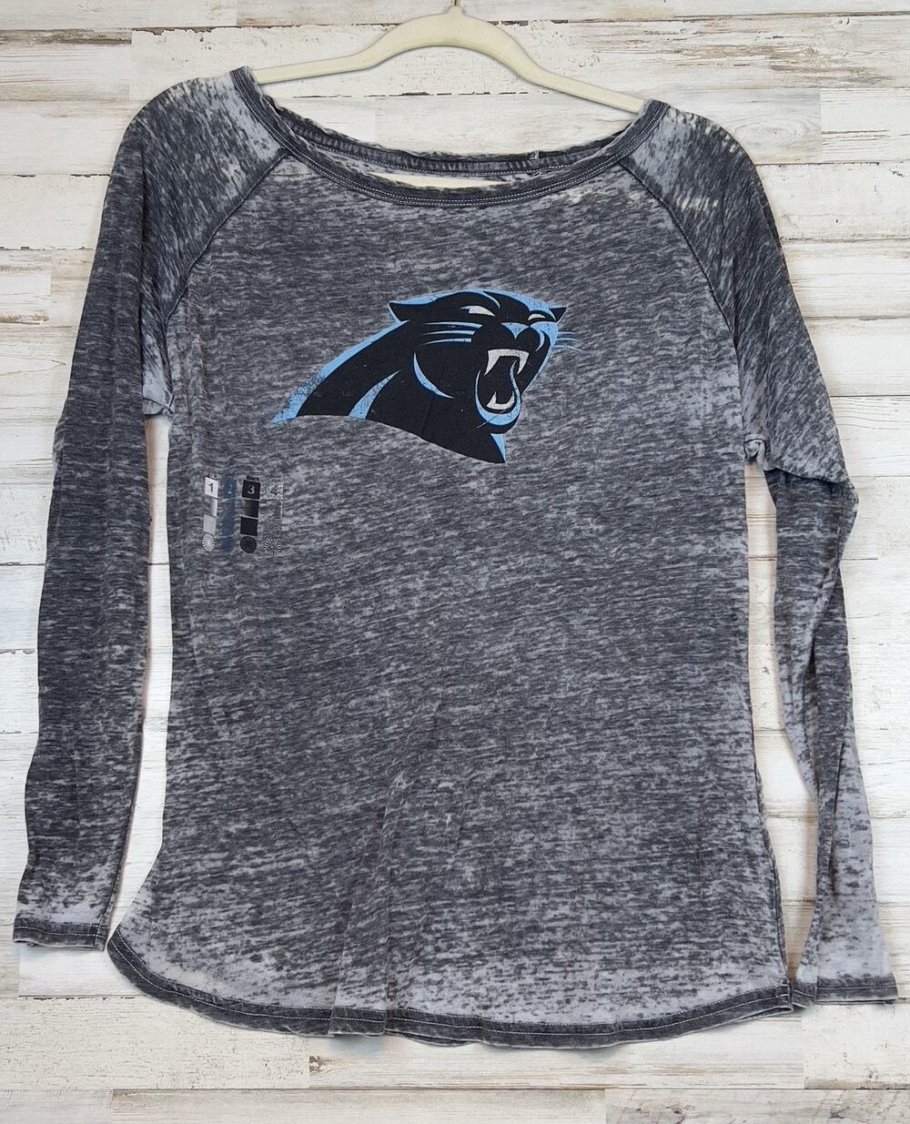 Majestic NFL Carolina Panthers Grey Women's Long Sleeve Logo T-Shirt XL Distress